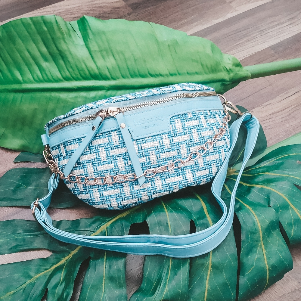 Tweed Fanny Pack Blue and Cream - Picture 4 of 5